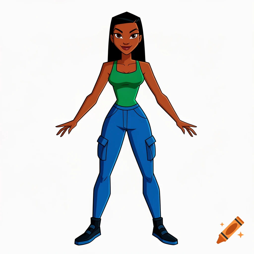 A cartoon female character in Total Drama style, with dark skin, long black hair, green tank top, and blue cargo pants, standing frontally.