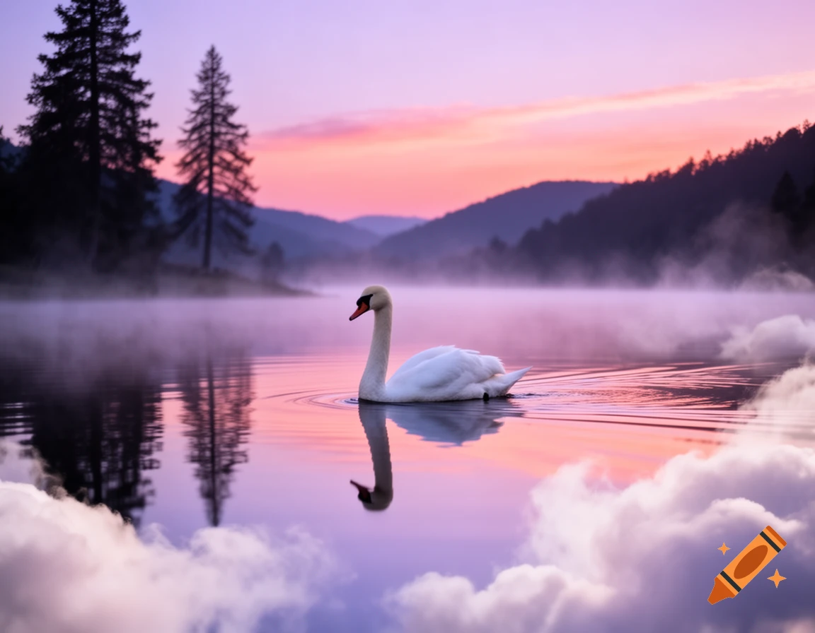 A white swan gracefully floats on a misty lake reflecting a vibrant purple and pink sunrise sky. Pine trees line the distant shore.