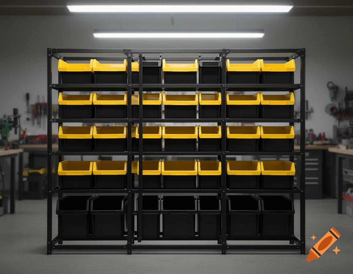 Photorealistic image of a black metal storage bin rack with four rows of black bins with yellow tops and a bottom row of all-black bins, set in a workshop.