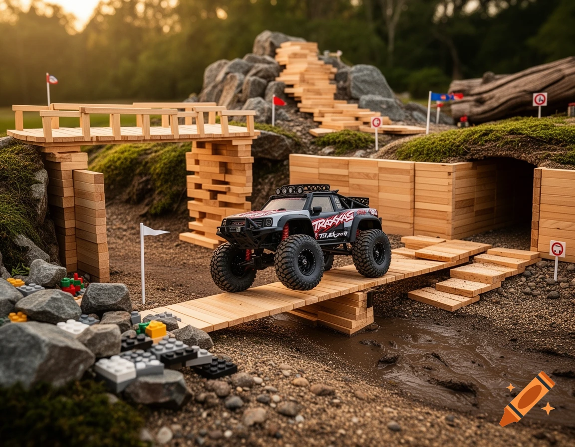 A grey Traxxas TRX-4M RC crawler navigates a miniature off-road course made of wooden Kapla blocks, Lego bricks, and natural elements like moss and mud, captured in a realistic, detailed shot.