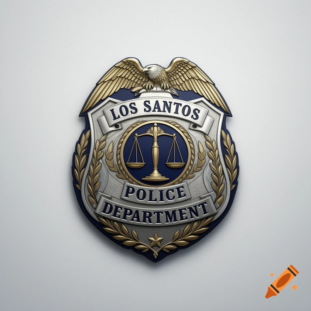 Gold and silver police badge with an eagle, "LOS SANTOS POLICE DEPARTMENT" text, and scales of justice.