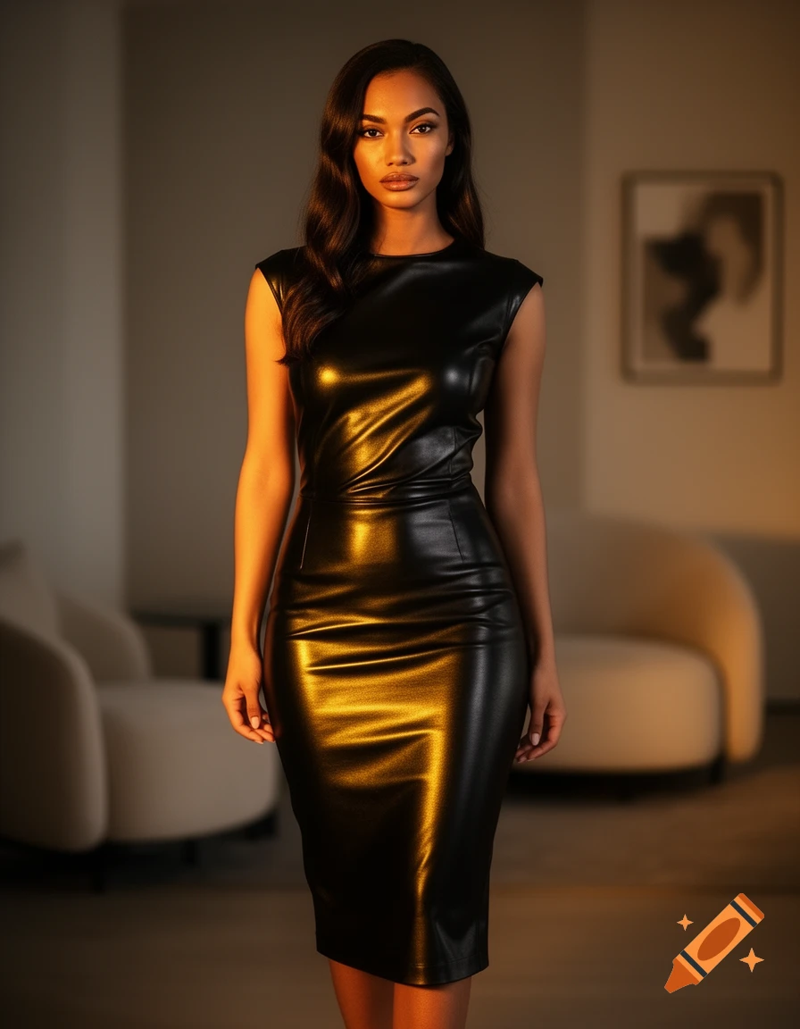 A woman with dark hair wearing a form-fitting black leather dress stands in an elegantly lit room, photorealistic.