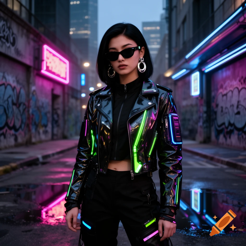 A woman in a black cyberpunk jacket with neon lights and sunglasses stands in a rainy, graffiti-covered urban alley with neon signs.