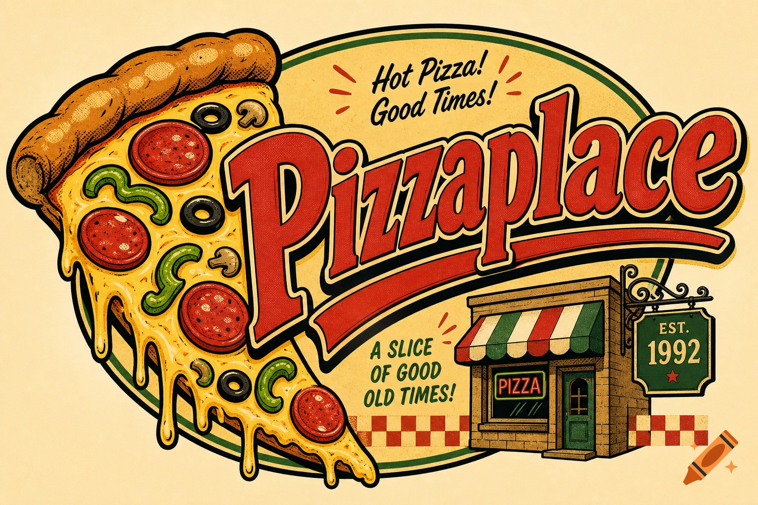 Vintage comic-style logo for 'Pizzaplace' restaurant featuring a slice of pizza, a small brick storefront, and text.