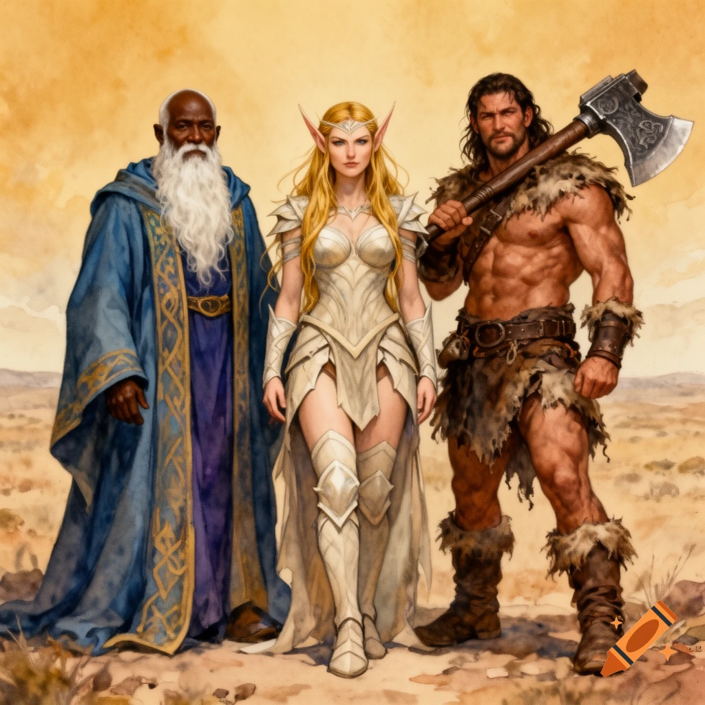An elder wizard, an elven valkyrie in light armor, and an ax-wielding barbarian stand side by side in a watercolor fantasy scene.