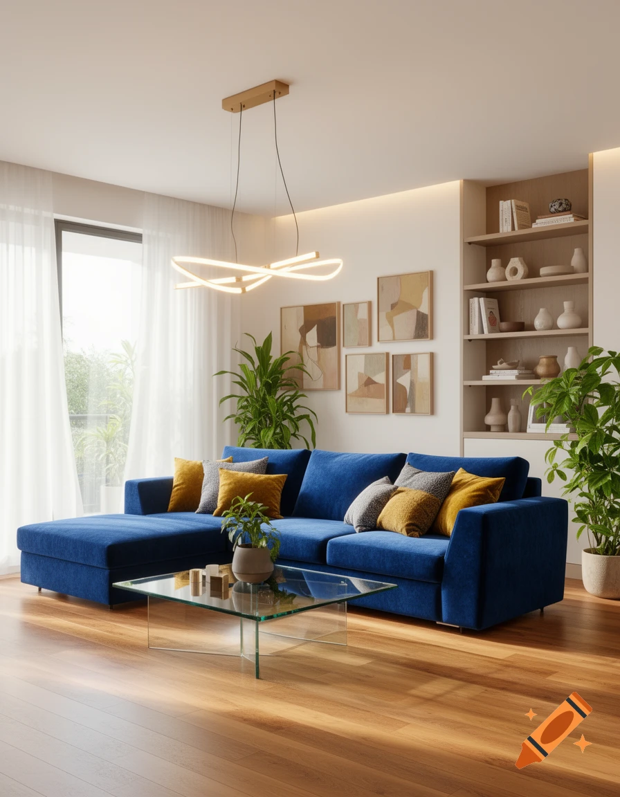 Photorealistic image of a modern living room with a blue sectional sofa, glass coffee table, plants, and a bookshelf.