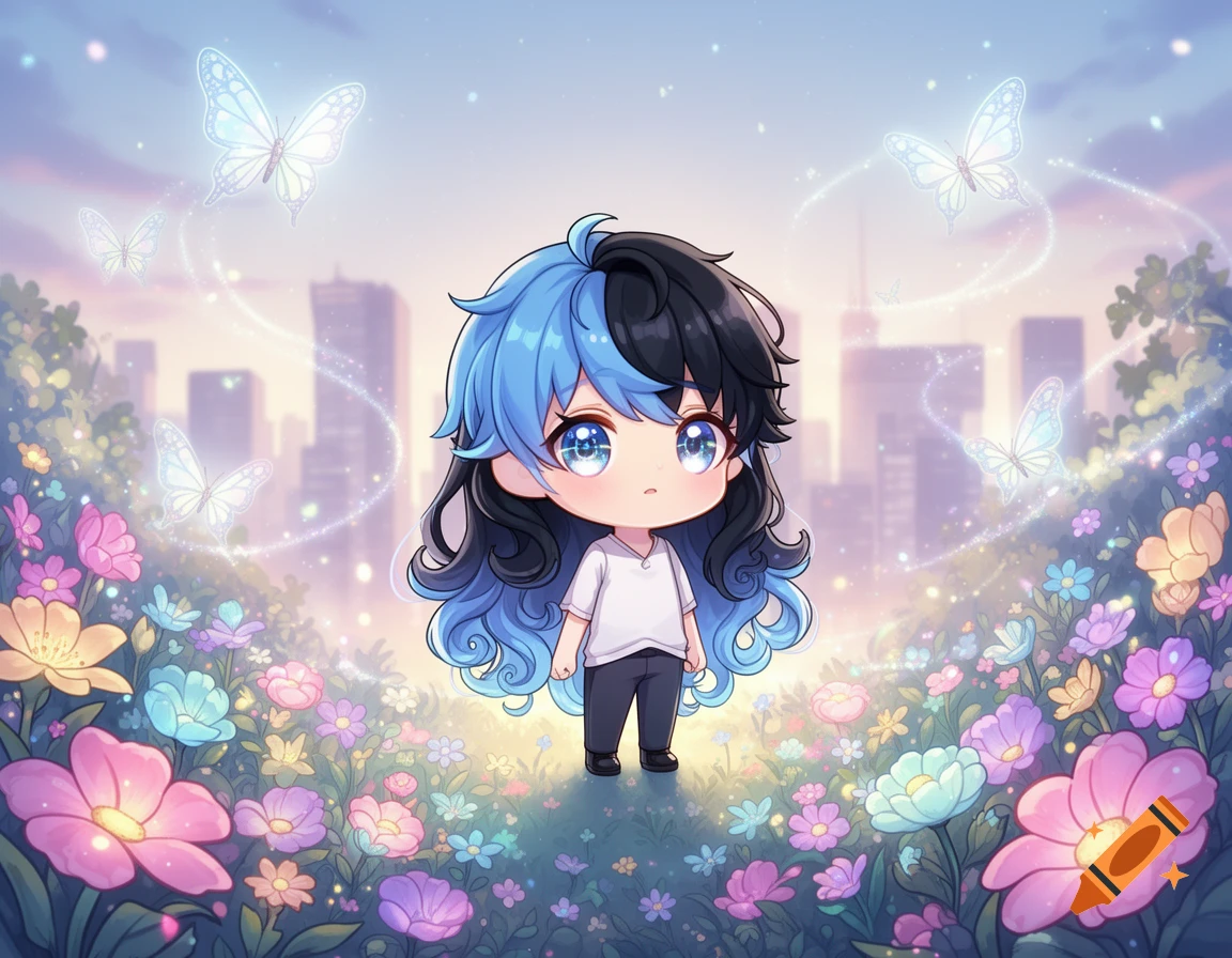 A cute chibi boy with blue and black hair stands in a magical flower garden with glowing butterflies and a city skyline background in anime style.