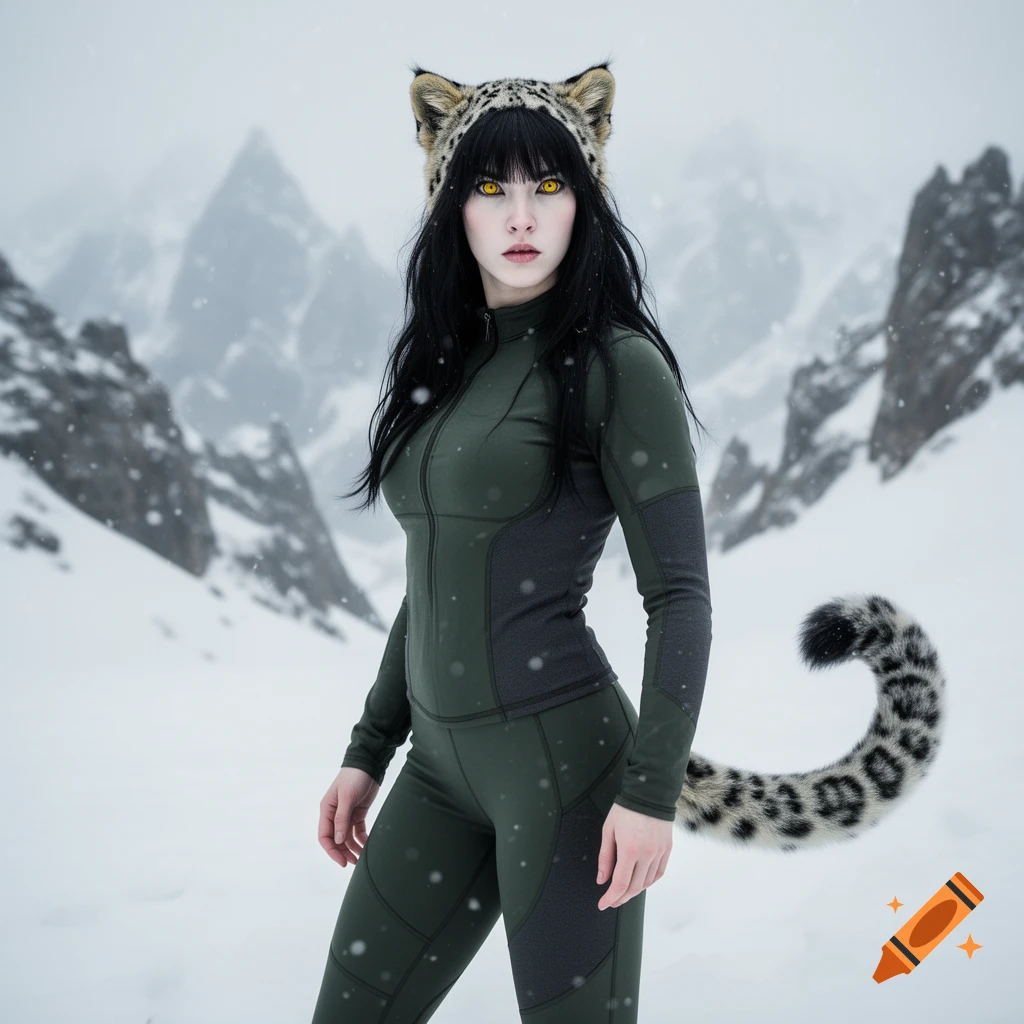 A photorealistic snow leopard demihuman with black hair and yellow eyes, wearing warm green and gray clothing, stands in a snowy mountain landscape.