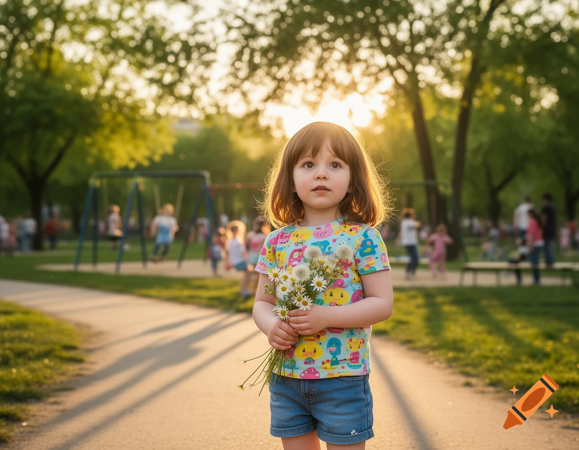 A young girl holding a bouquet of daisies and dandelions stands on a path in a sunlit park, with a playground in the background.