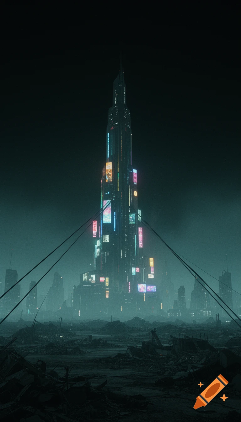 A towering, neon-lit futuristic skyscraper stands amidst dark war ruins under a misty night sky.