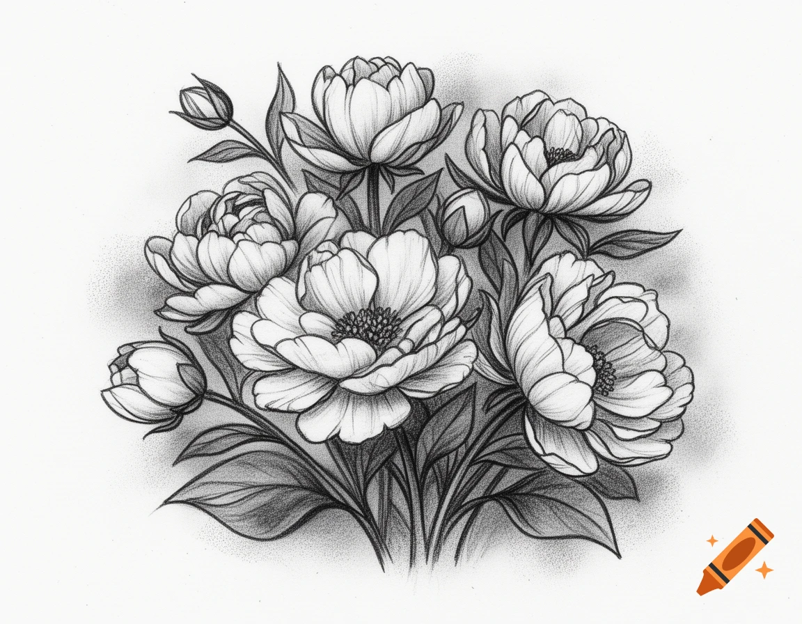 Black and white sketch of a bouquet of peonies, leaves, and buds with stippling for shading.
