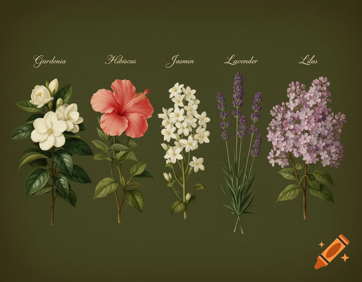 Five vintage botanical illustrations: white gardenia, red hibiscus, white jasmine, purple lavender, and light purple lilac, against a dark green background.