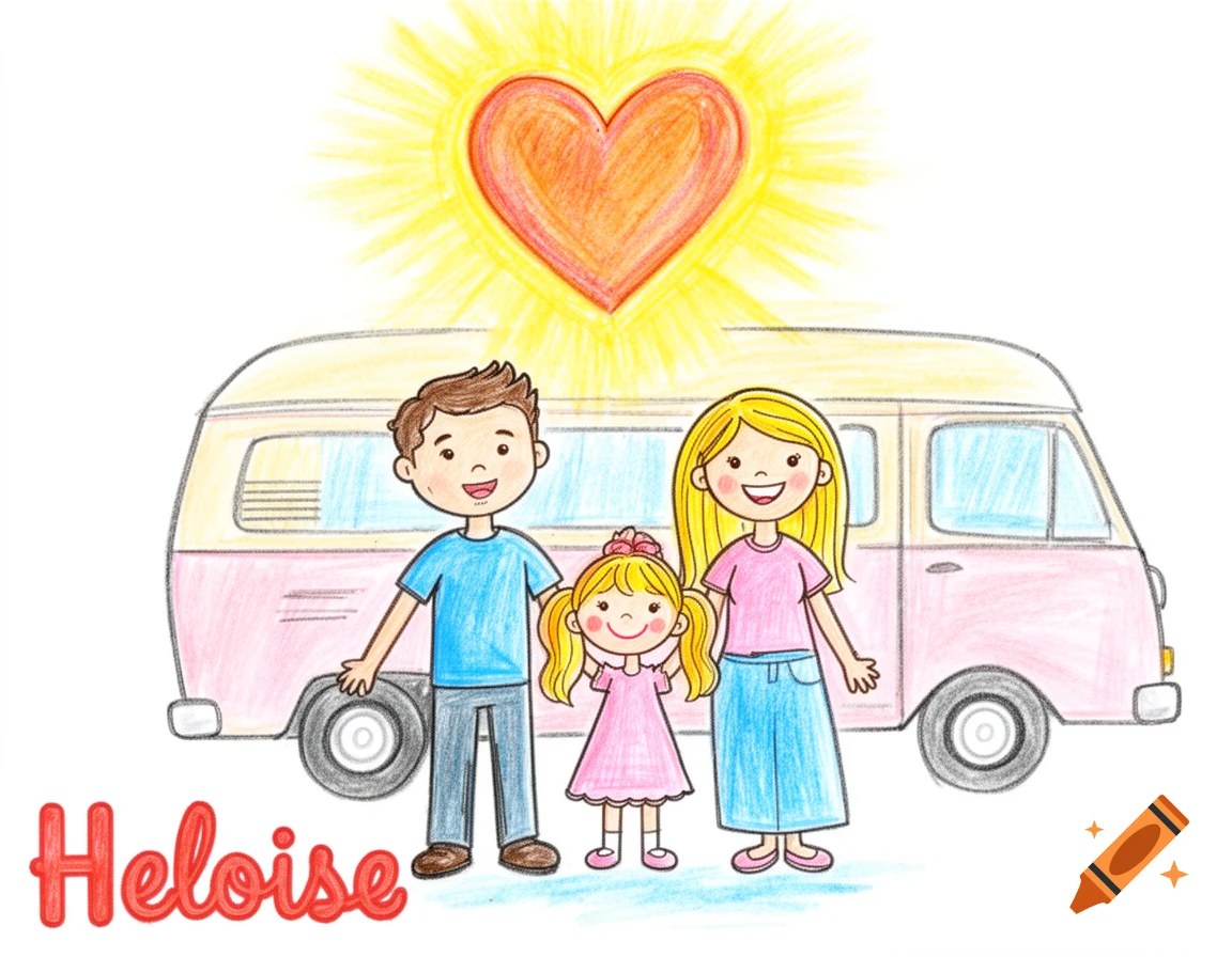 Child's drawing of a happy family (father, mother, daughter) in front of a camper van, with a radiating heart and 'Heloise' text.
