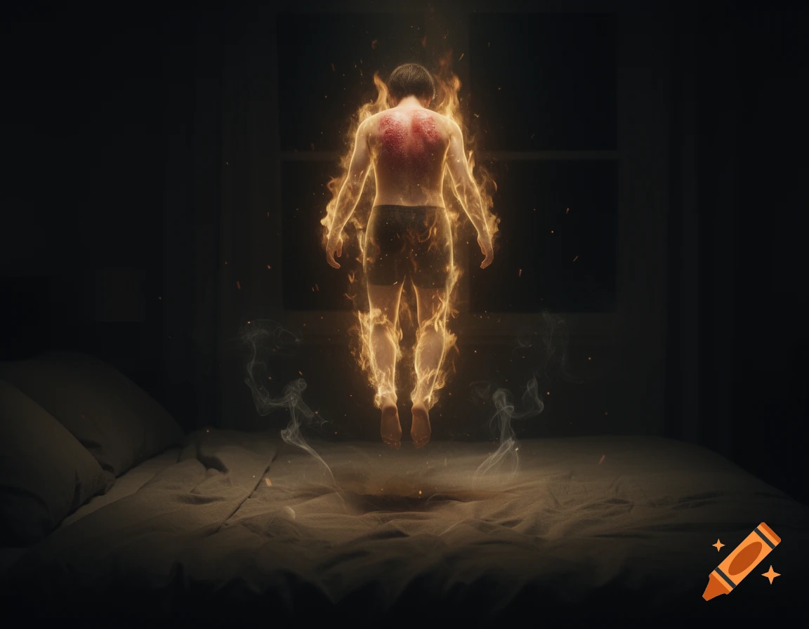 A person in underwear floats above a bed in a dark room, engulfed in golden flames and smoke.