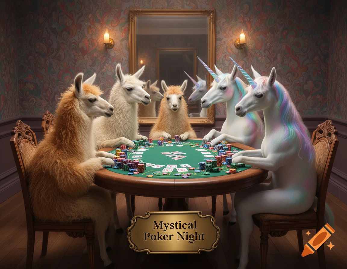 Photorealistic image of fluffy llamas and colorful unicorns playing poker at a green table in an ornate room.