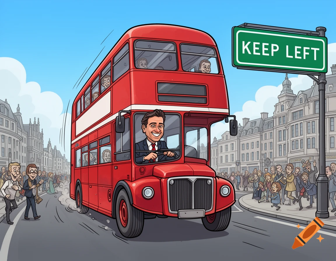 A cartoon of a smiling man driving a red double-decker bus on a city street with a 'KEEP LEFT' sign.