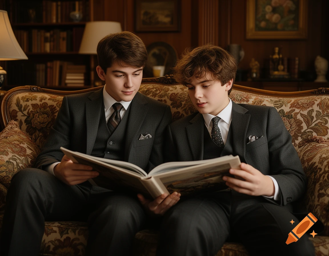 Two young men in dark suits and ties sit on an ornate sofa, looking at an open art book together in a richly decorated room with bookshelves.