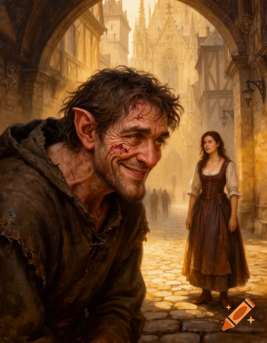 A disfigured man with scars on his face smiles shyly, looking at a woman in a long dress standing in a medieval street with archways and a cathedral in the background, painted in a realistic style.