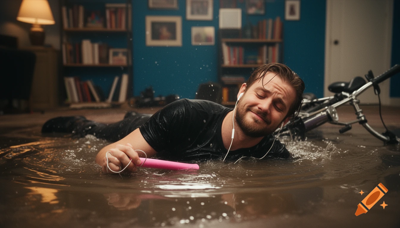 A man in a black t-shirt and earphones lies face-up in a flooded room, holding a pink baton, with a bicycle nearby. Cinematic style.