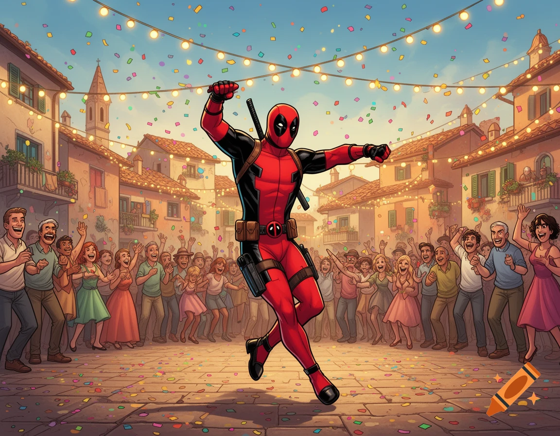 Comic art of Deadpool dancing energetically in a lively Italian town square with a cheering crowd and confetti.