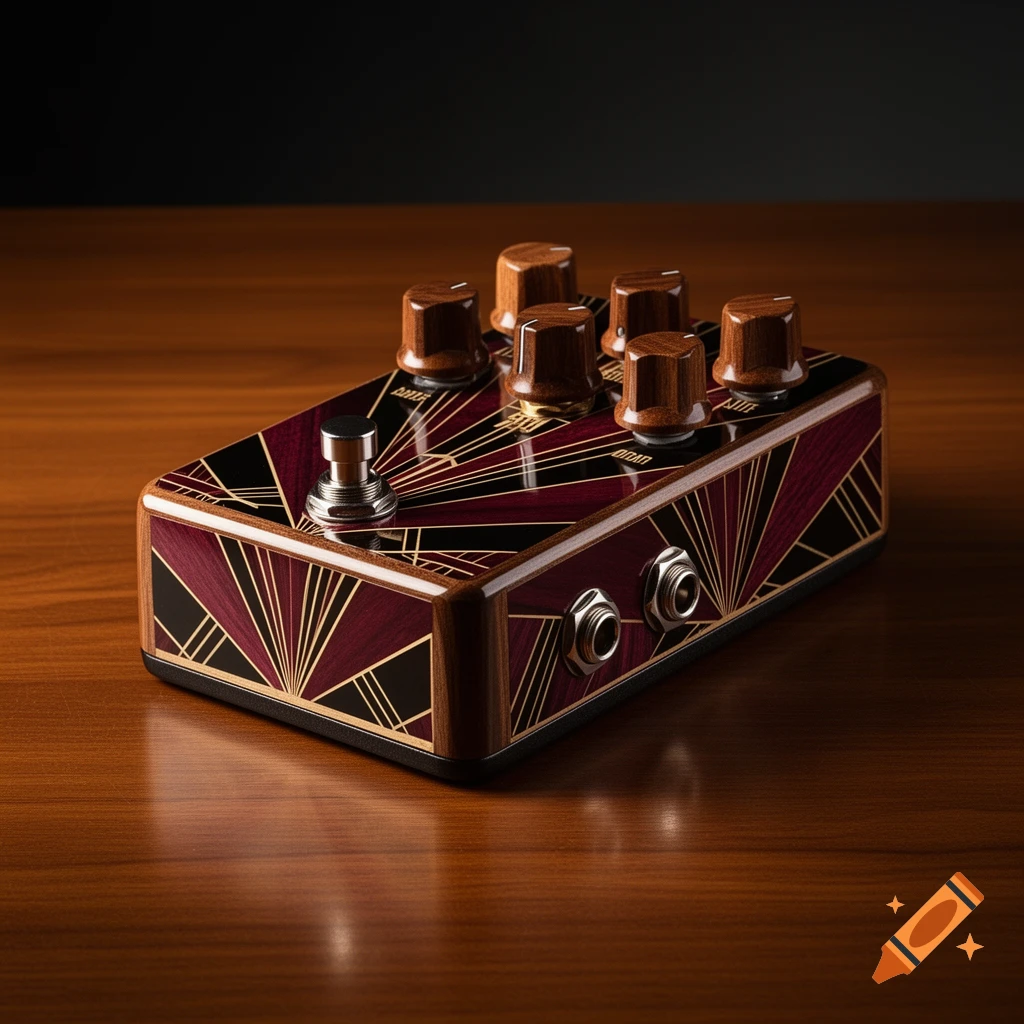 Luxurious Art Deco guitar effect pedal with bordeaux and black straw marquetry fan patterns and wooden knobs on a wooden table.