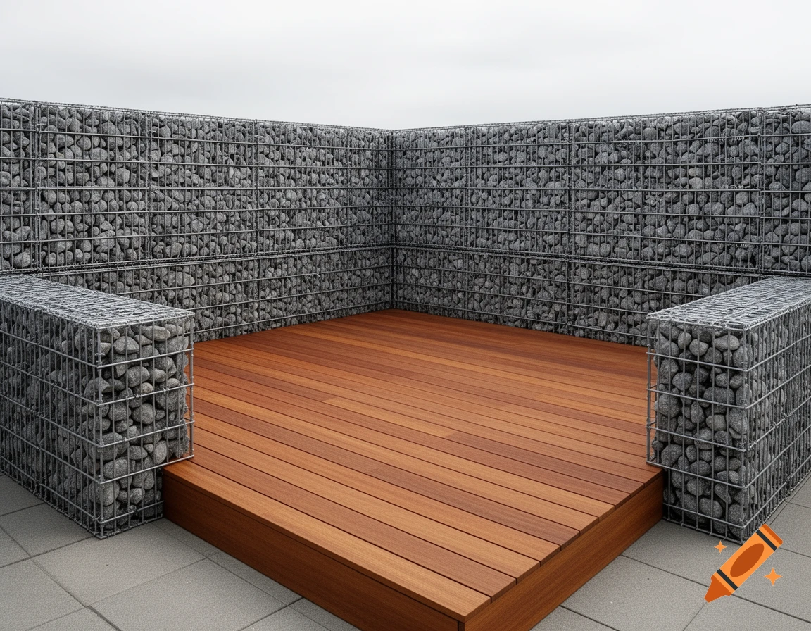 Photorealistic image of a raised wooden deck terrace surrounded by gabion stone walls against a plain sky.