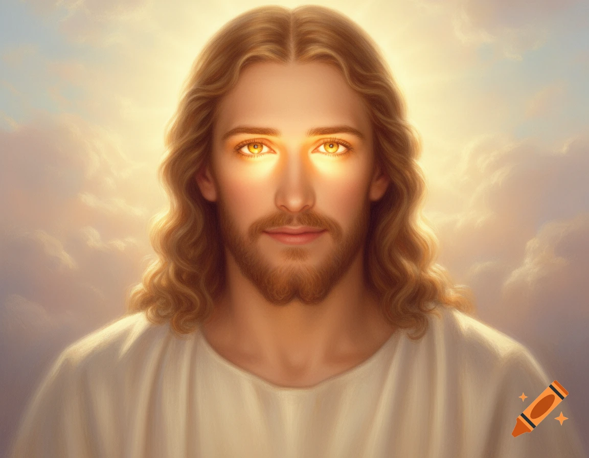 Close-up portrait of Jesus Christ with golden glowing eyes and long brown hair, wearing a white robe, against a bright, cloudy sky.
