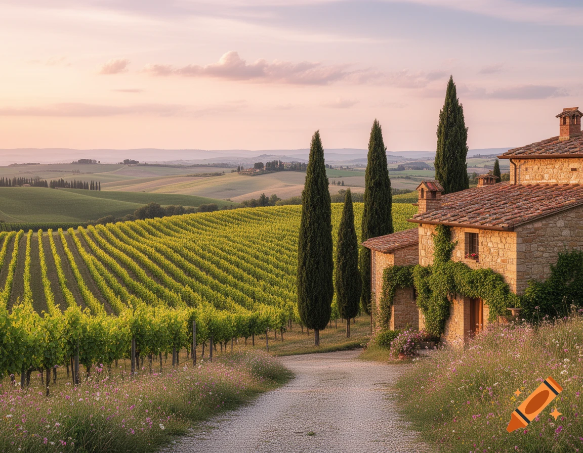 Rolling green vineyards and a stone farmhouse with cypress trees under a soft, colorful sky in Tuscany.