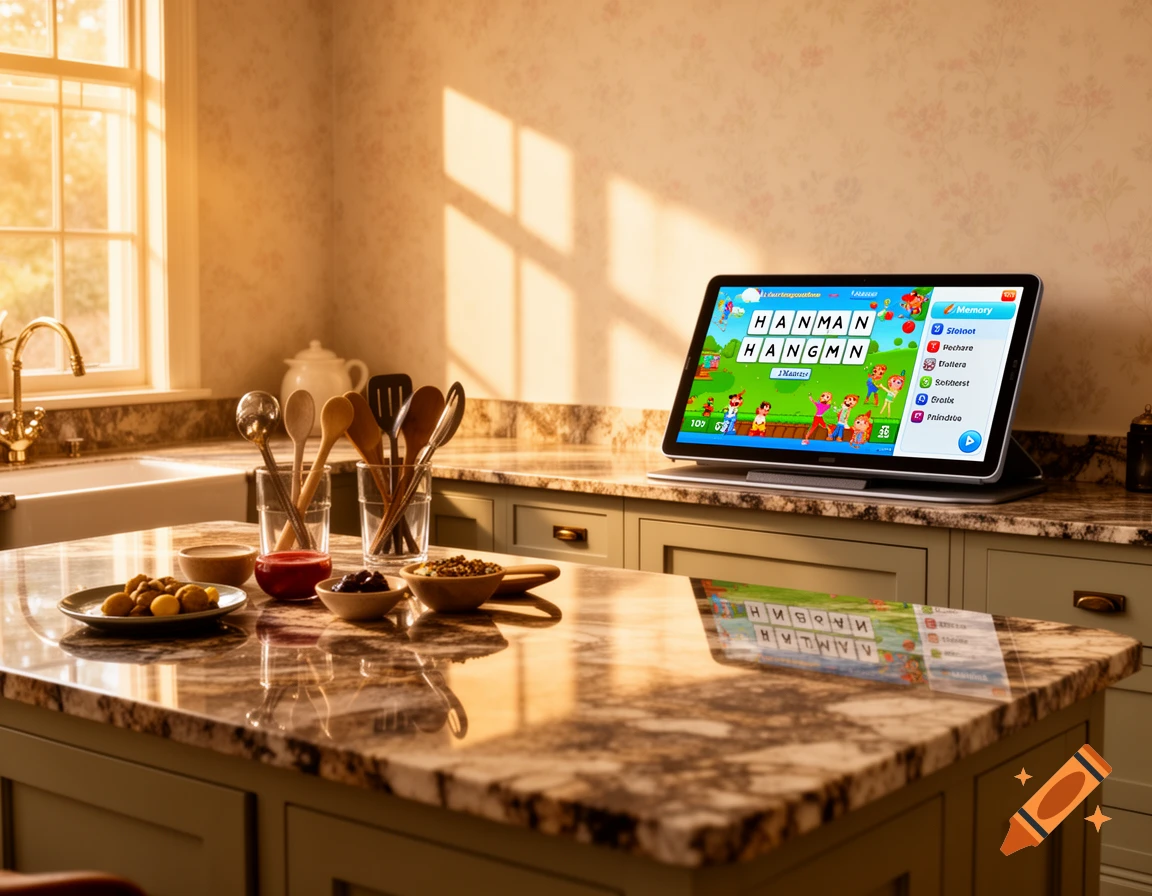 A sunlit kitchen counter with cooking utensils, ingredients, and a tablet displaying a Hangman game.