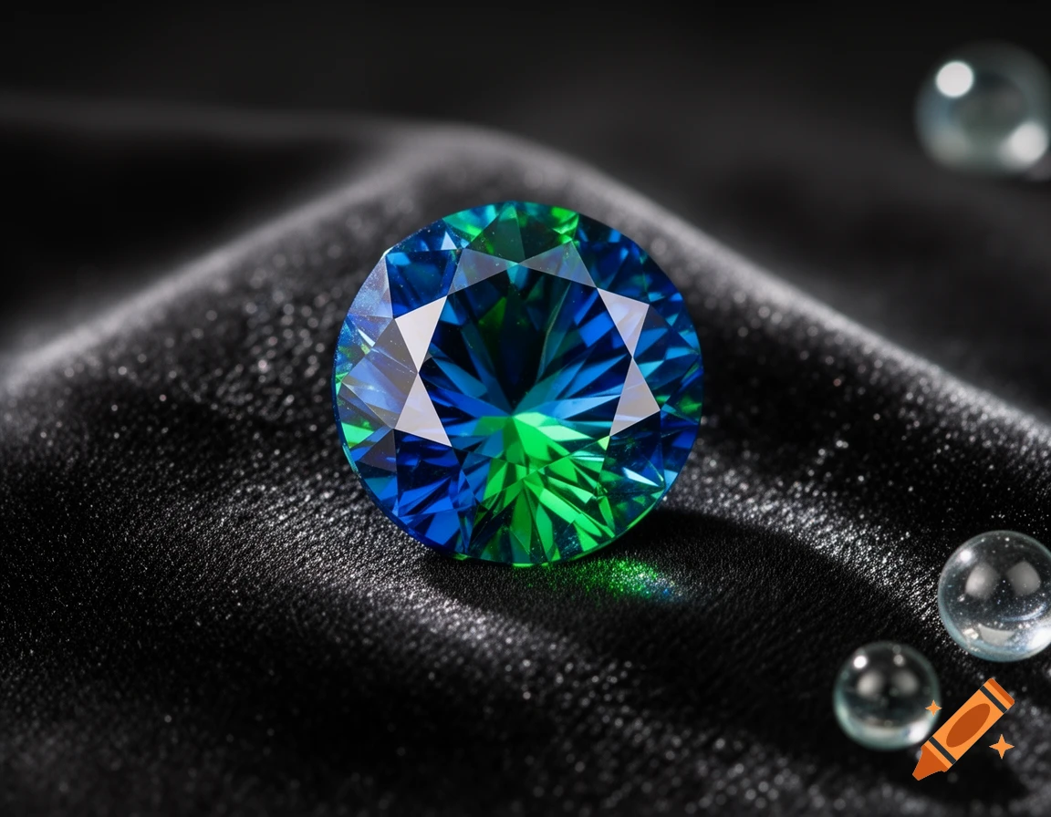 A brilliant blue and green faceted gemstone rests on dark, textured fabric, with blurred clear beads in the background.