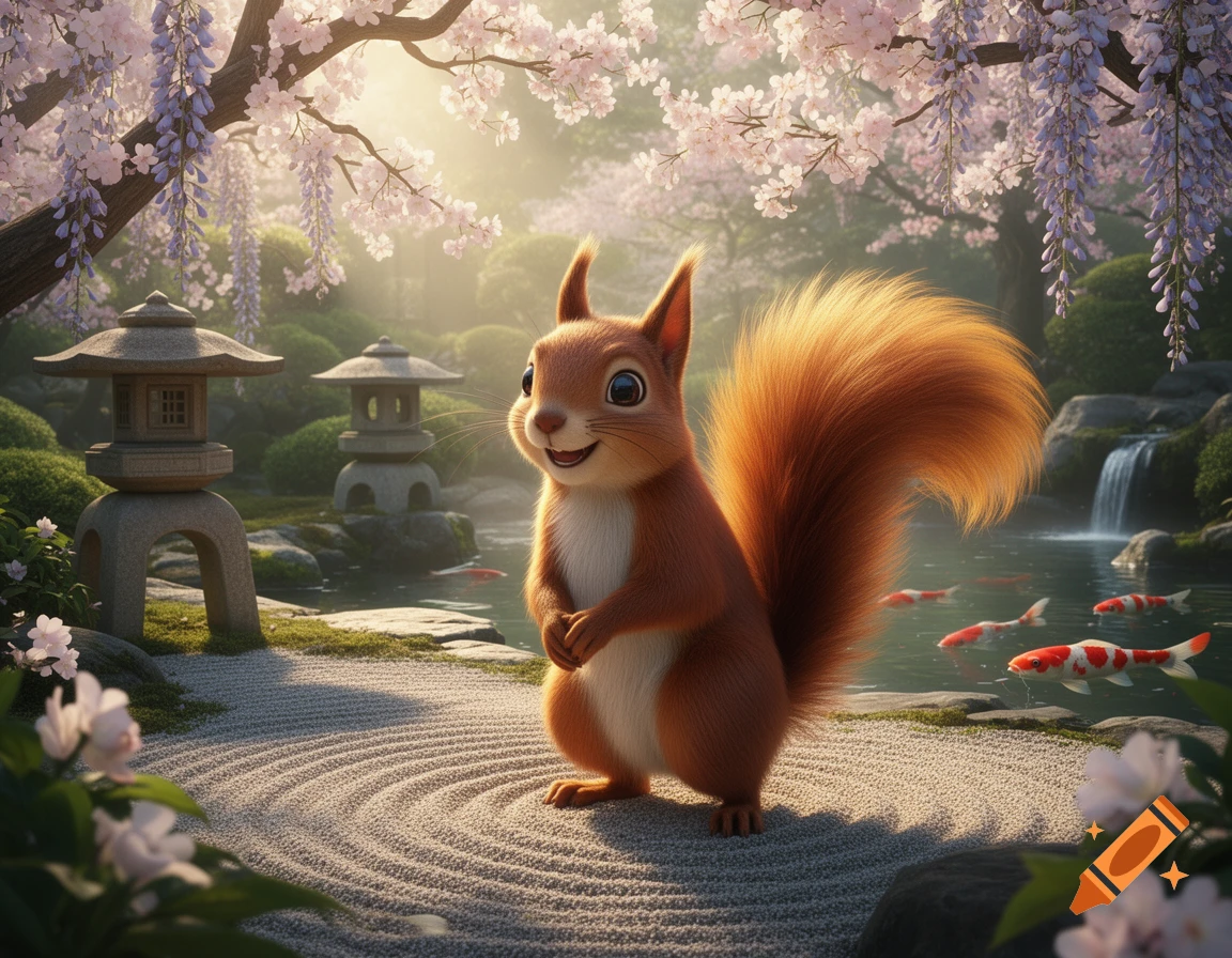 A happy, cartoonish squirrel stands in a serene Japanese zen garden with cherry blossoms, wisteria, stone lanterns, a pond with koi fish, and a waterfall.