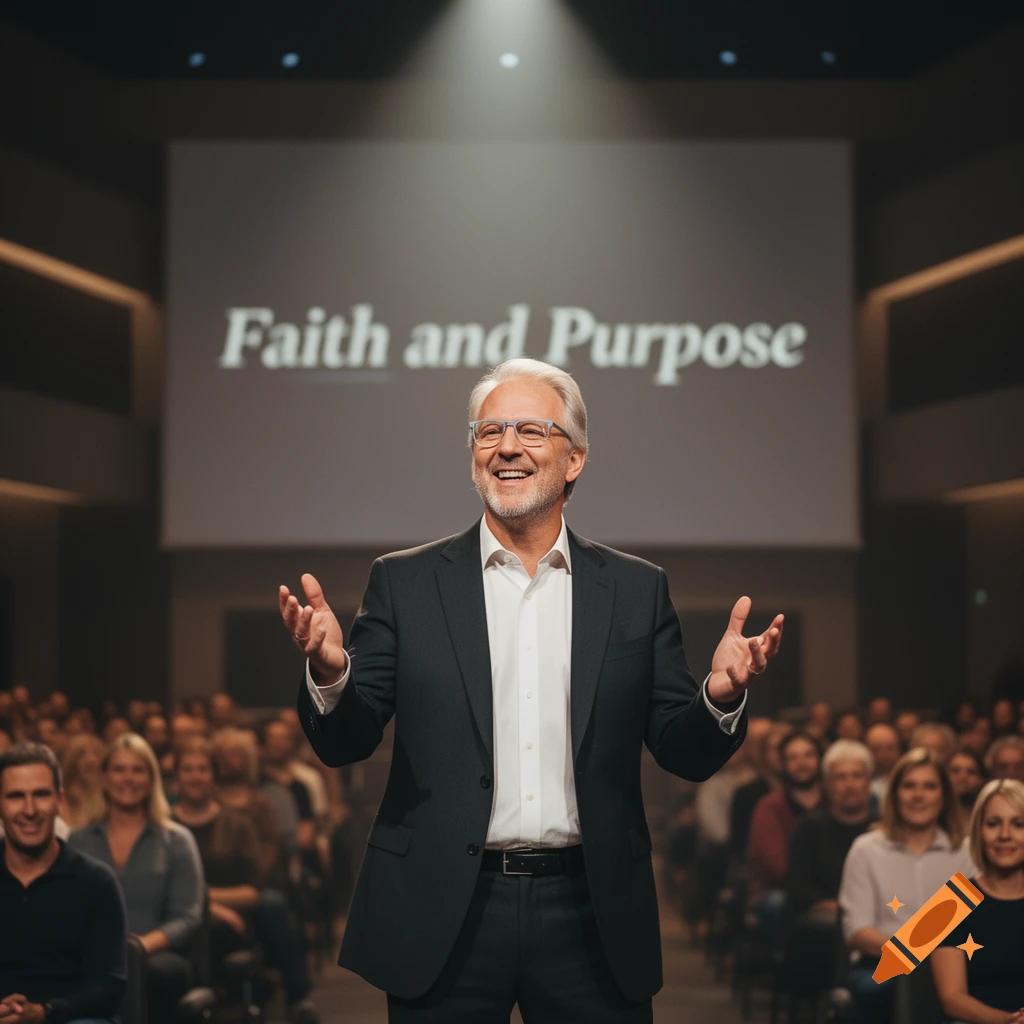 A smiling man in a suit speaks on stage to a seated audience, with "Faith and Purpose" projected behind him.