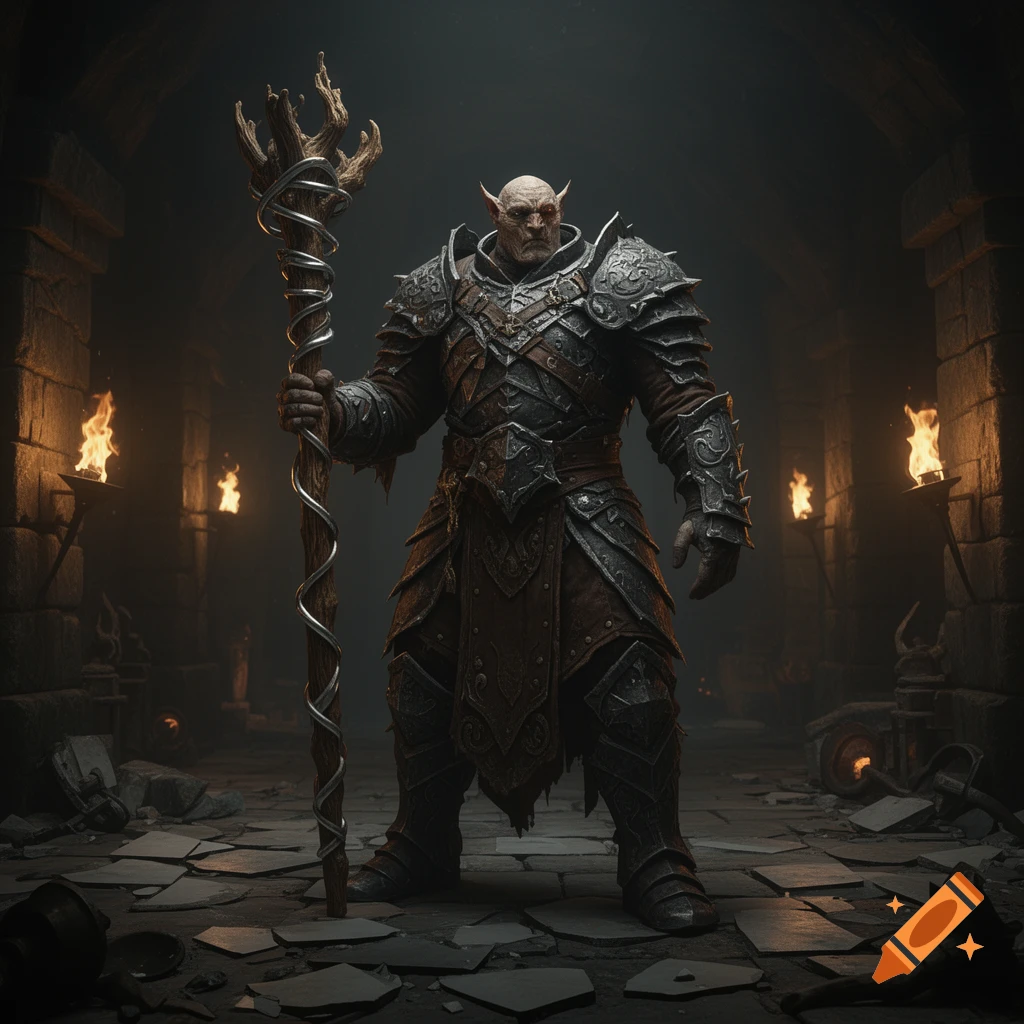 An imposing armored fantasy creature with large ears holds a gnarled staff in a dark stone dungeon lit by torches. Photorealistic.