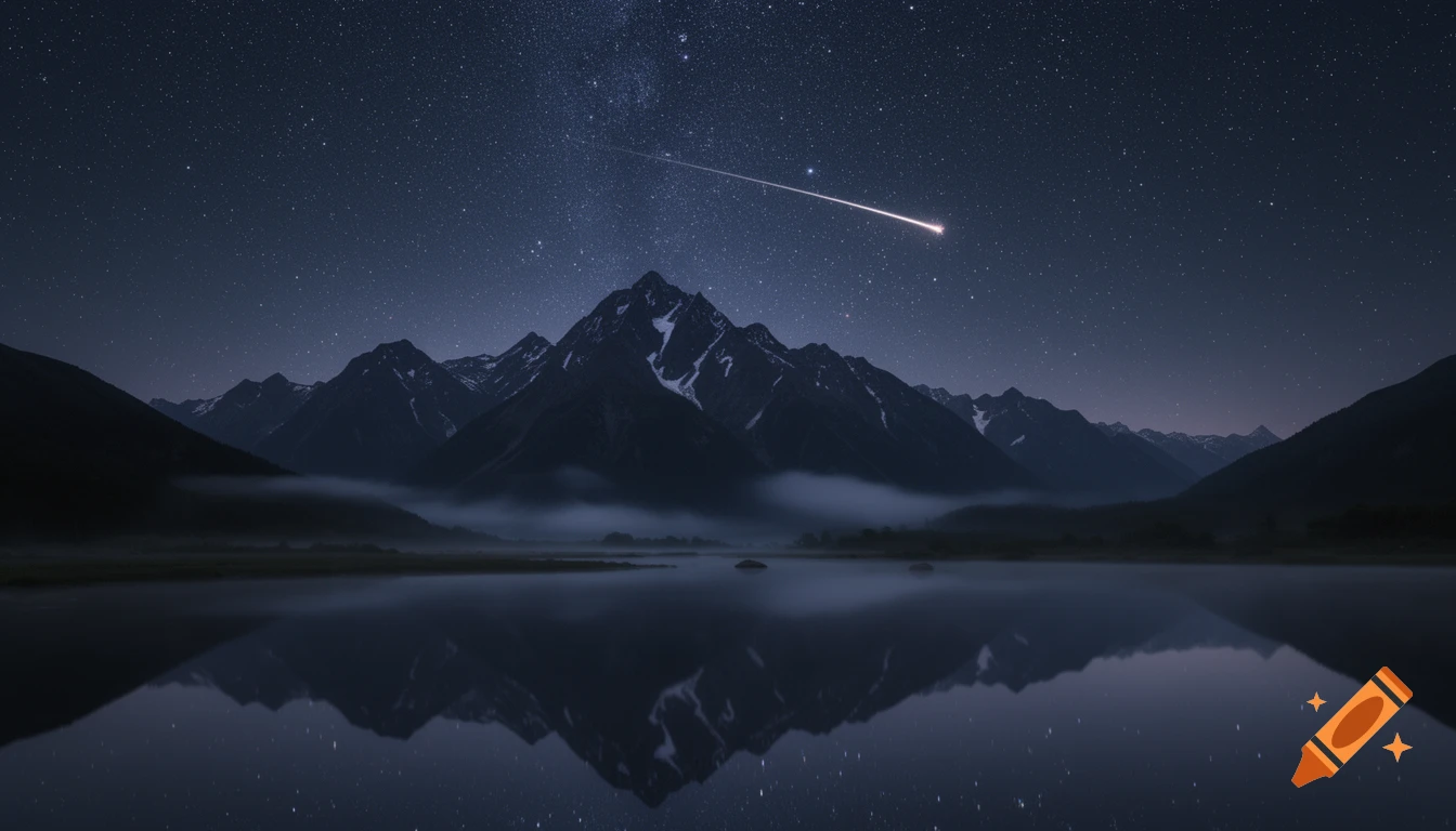 Photorealistic night landscape with snow-capped mountains reflected in a calm lake under a starry sky with a bright shooting star.
