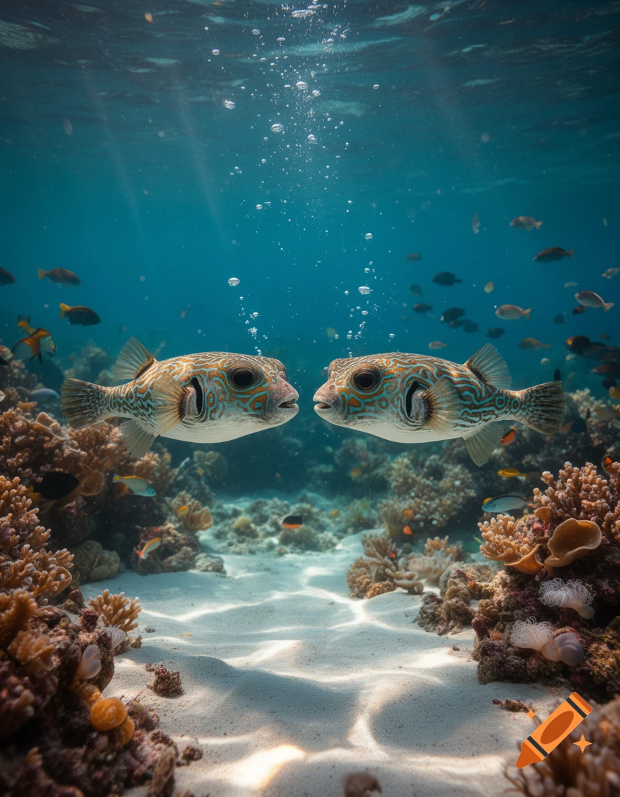 Two pufferfish face each other underwater in a vibrant coral reef, with sunbeams piercing the blue water.