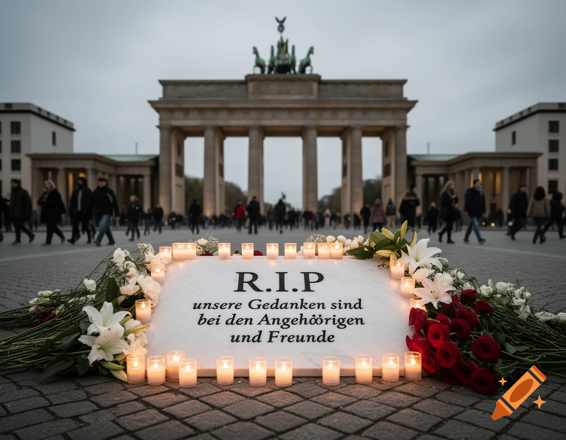 A memorial with lit candles, white lilies, and red roses arranged around a white plaque reading 'R.I.P unsere Gedanken sind bei den Angehörigen und Freunde' in front of the Brandenburg Gate, Berlin.