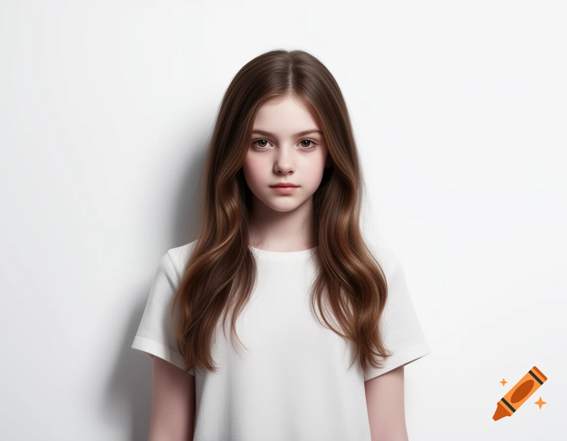 A young girl with long brown hair and a white t-shirt looks directly at the camera against a white background.