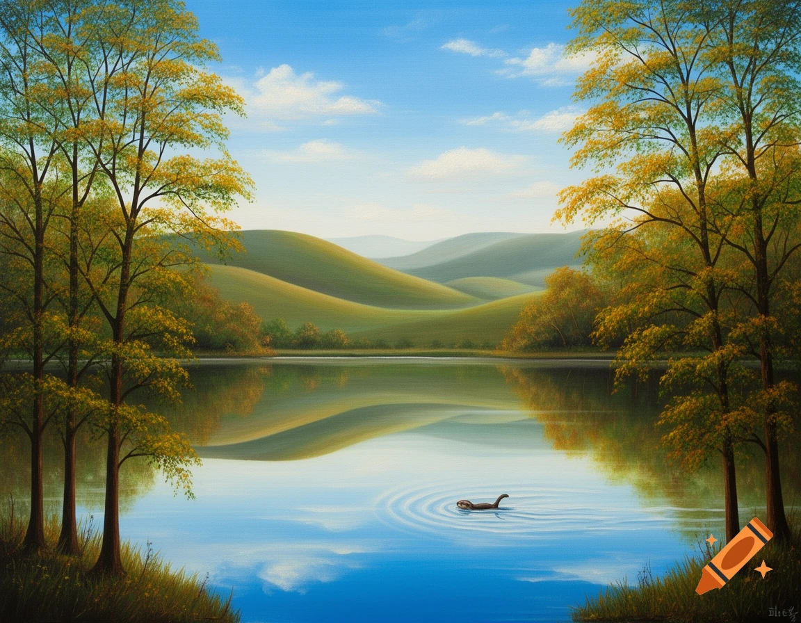 Acrylic painting of a serene lake reflecting trees with yellow leaves and green hills under a blue sky, with an otter swimming.