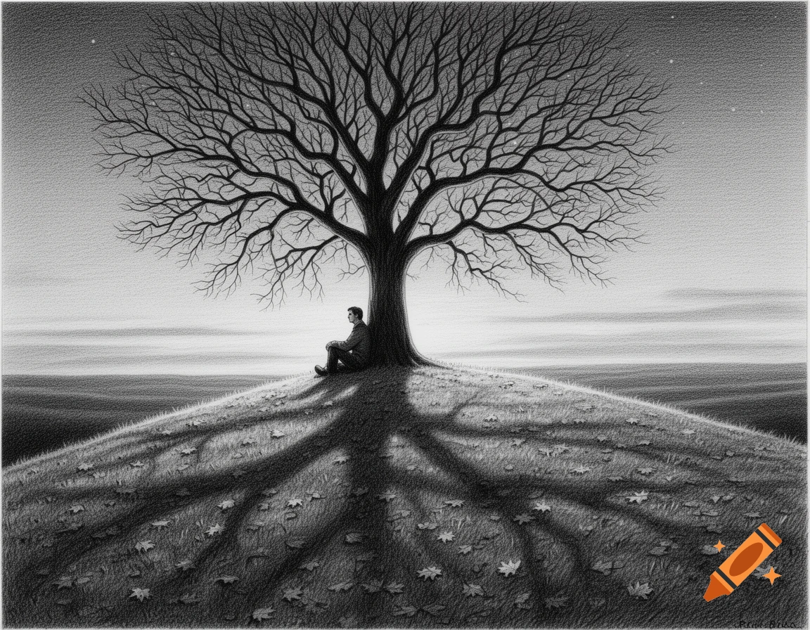 A man sits leaning against a bare tree on a grassy hill, gazing into the distance in a detailed black and white drawing.