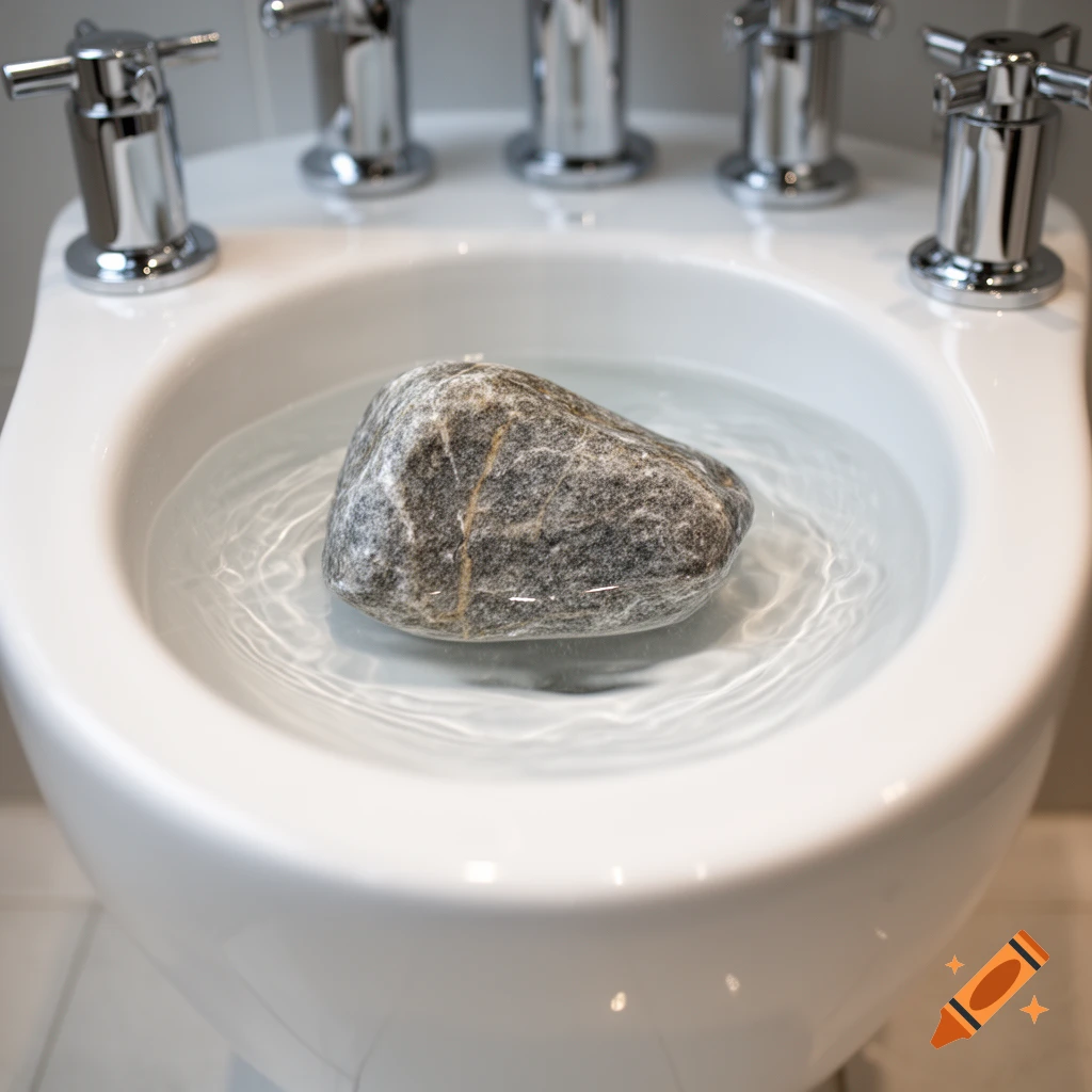 A large grey rock sits submerged in the water of a white toilet bowl, with shiny chrome faucets visible in the background.