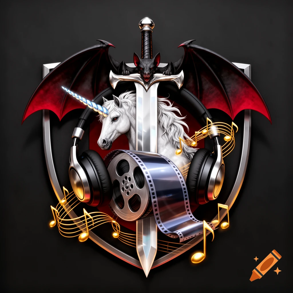 A detailed emblem featuring a sword, bat, unicorn, film reel, headphones, and musical notes against a dark background.