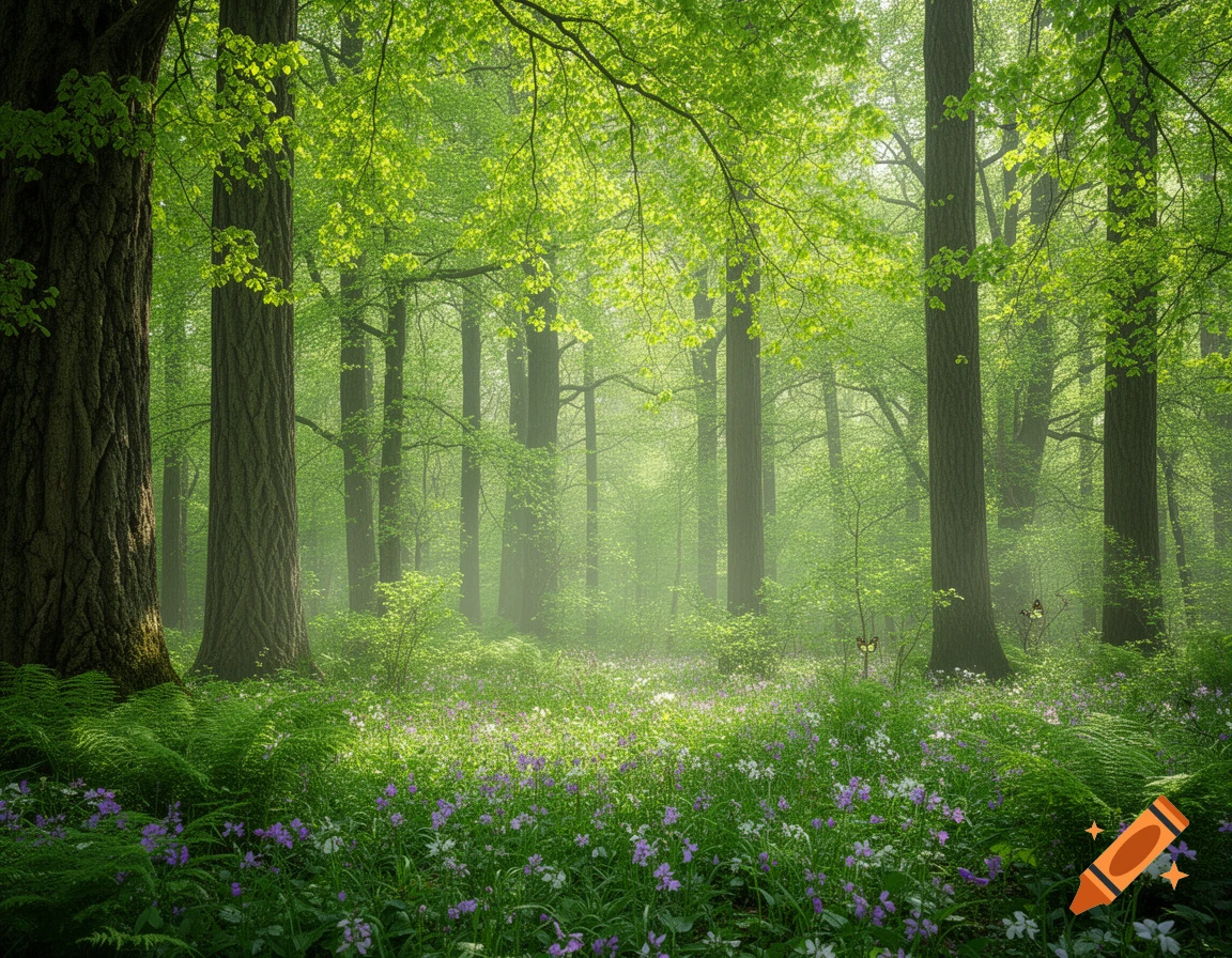 A vibrant green forest with sunlight filtering through tall trees and purple and white wildflowers on the forest floor.