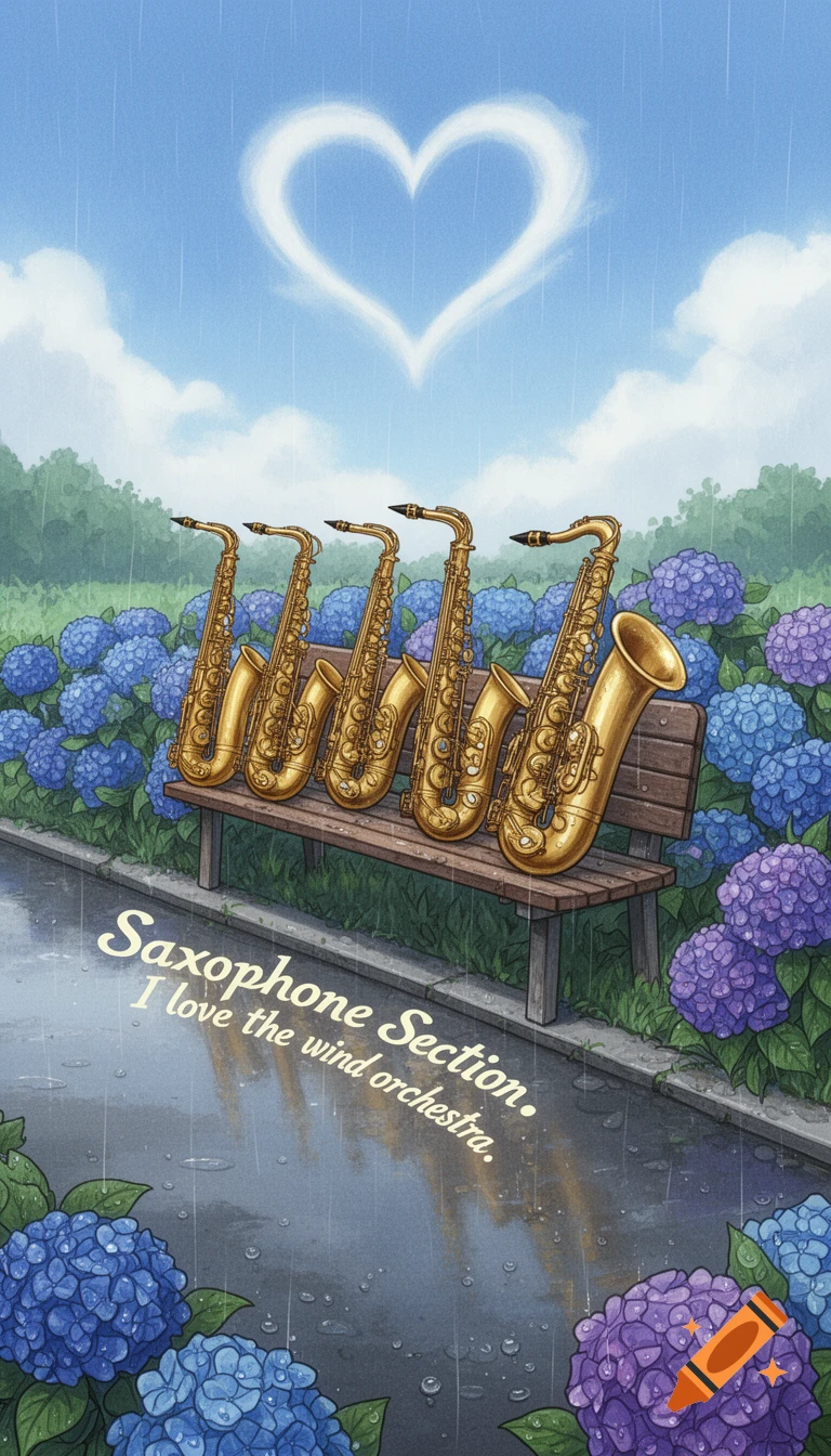 Six golden saxophones rest on a wooden bench surrounded by blue and purple hydrangeas on a wet path under a blue sky with a heart-shaped cloud, digital art.