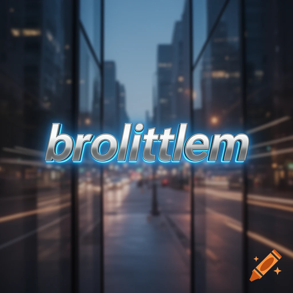Metallic silver text 'brolittlem' with a blue glow, against a blurred nighttime city street background.