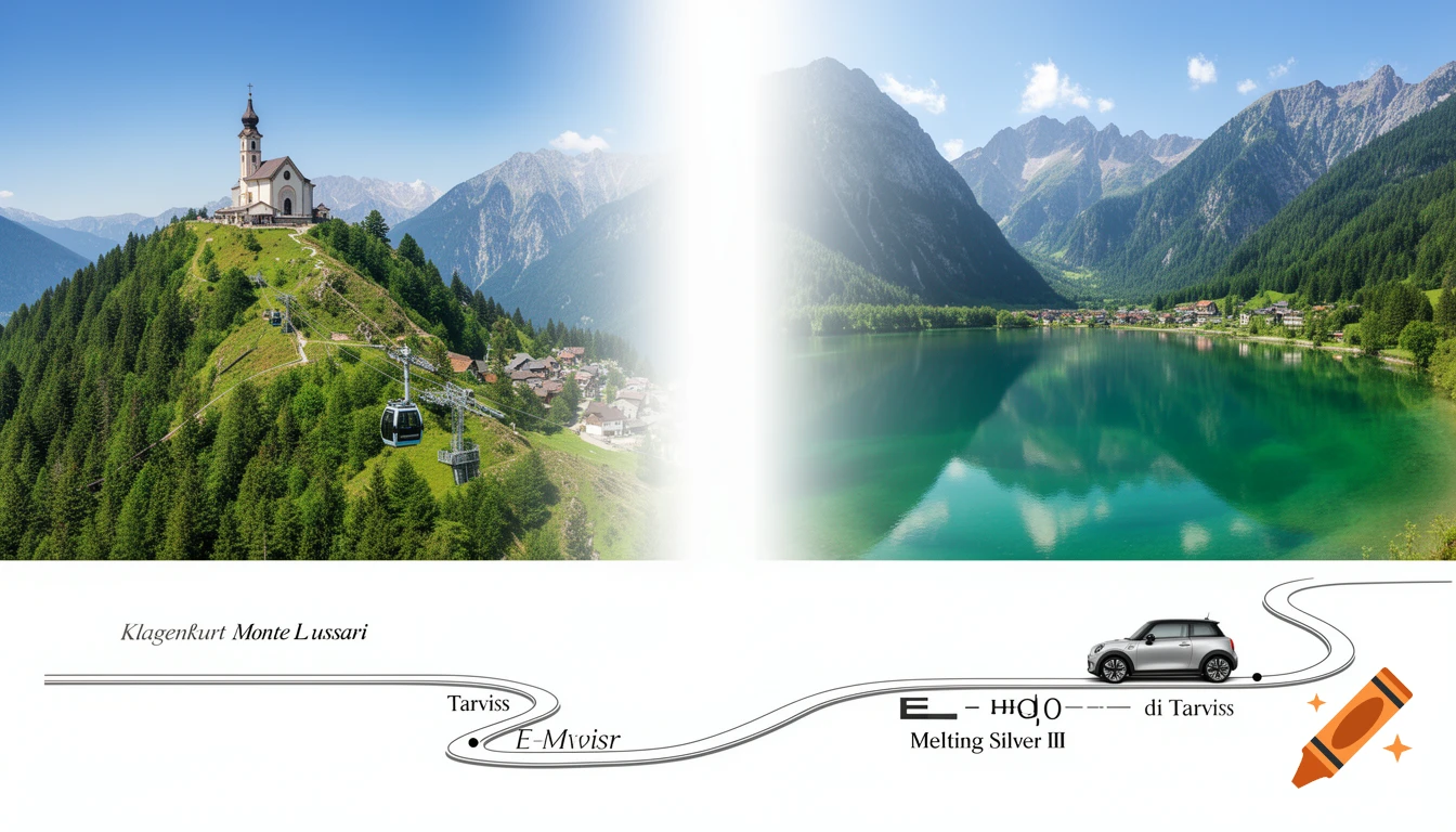 A panoramic split image showing a mountain church and cable cars on a green peak on the left, and a turquoise mountain lake with reflections on the right. Below is a map with a silver car tracing a route.