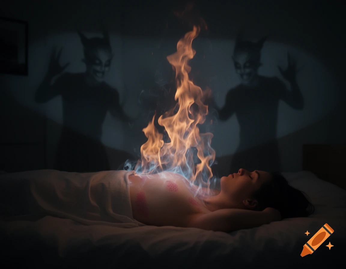 A woman lies in bed with flames rising from her chest, while horned demon shadows loom on the wall in a dark, surreal scene.