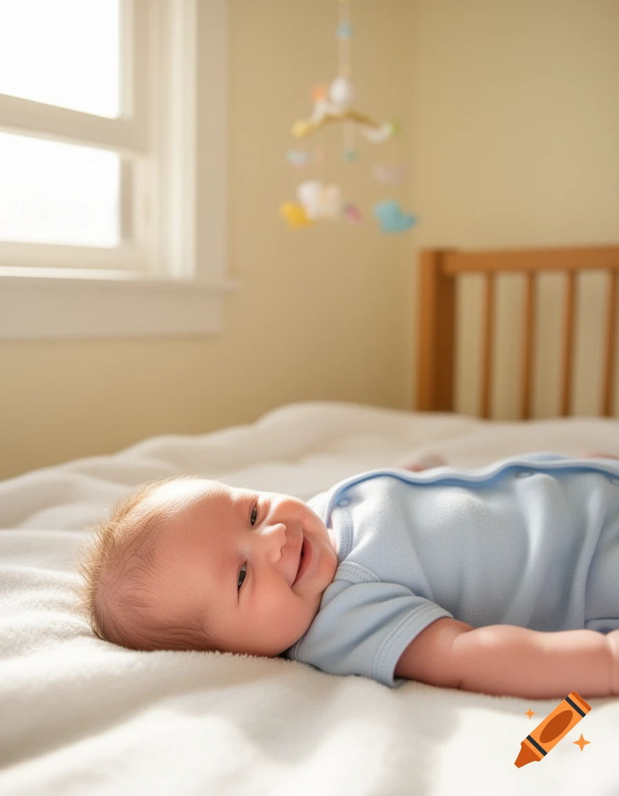 A smiling baby lies on a white blanket in a sunlit bedroom with a mobile hanging above.