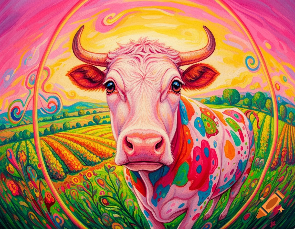 A brightly colored painted cow with a psychedelic pattern in a vibrant field under a swirling pink and yellow sky, fish-eye view.
