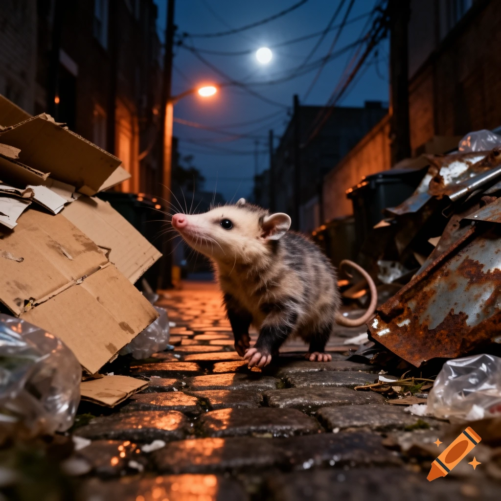 A possum walks on a wet cobblestone street in a dark, trash-filled alley under a full moon.