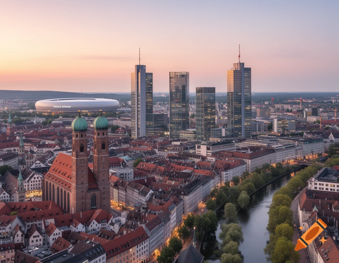 An aerial view of Munich at sunset, featuring the Allianz Arena, Frauenkirche with green domes, modern skyscrapers, and a river flowing through the city.